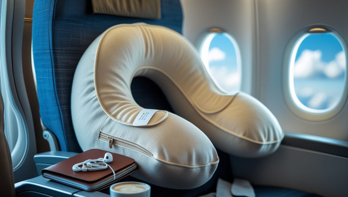 Luxury beige travel neck pillow on an airplane seat with a window view, alongside a leather notebook, earphones, and a cup of coffee.
