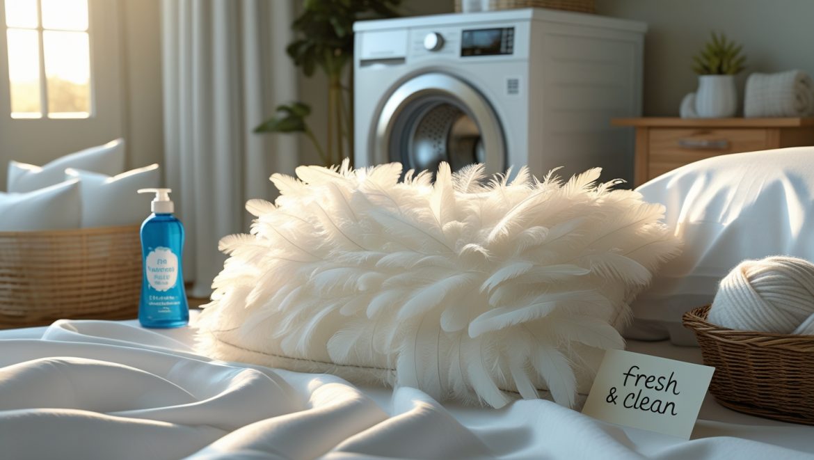 A fresh and clean feather pillow with soft white feathers, placed in a cozy laundry room with a washing machine and fabric care essentials.