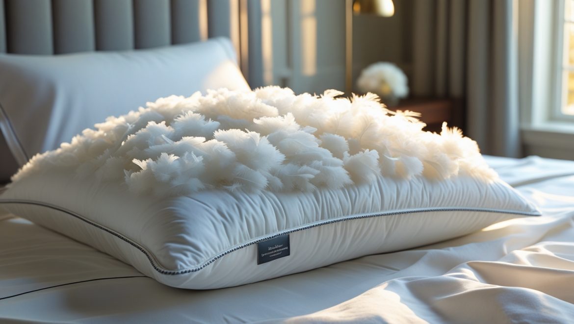 Luxury white down feather pillow with plush texture, placed on a neatly made bed in a cozy bedroom setting.