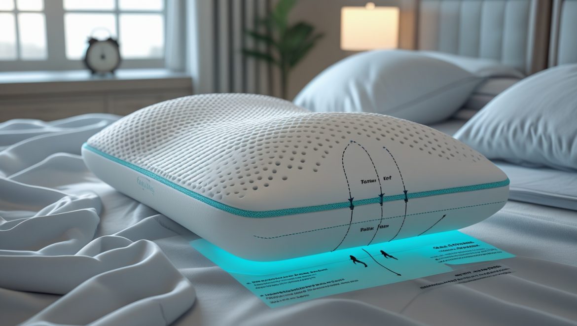 Premium ergonomic memory foam pillow with contoured support for back and side sleepers. Breathable gel-infused surface with anatomical alignment illustration. Shown in a luxury bedroom setting with soft morning light.