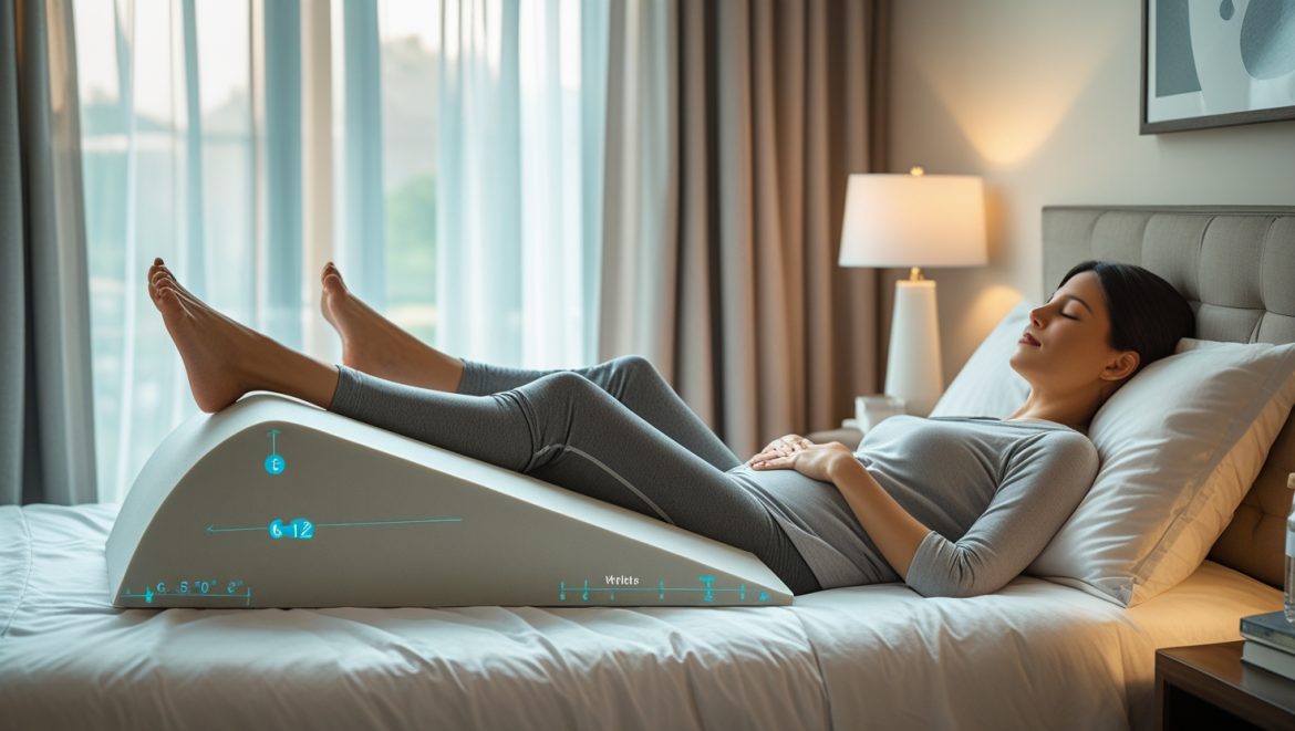 Woman relaxing on bed using a leg elevation pillow to improve circulation and reduce swelling