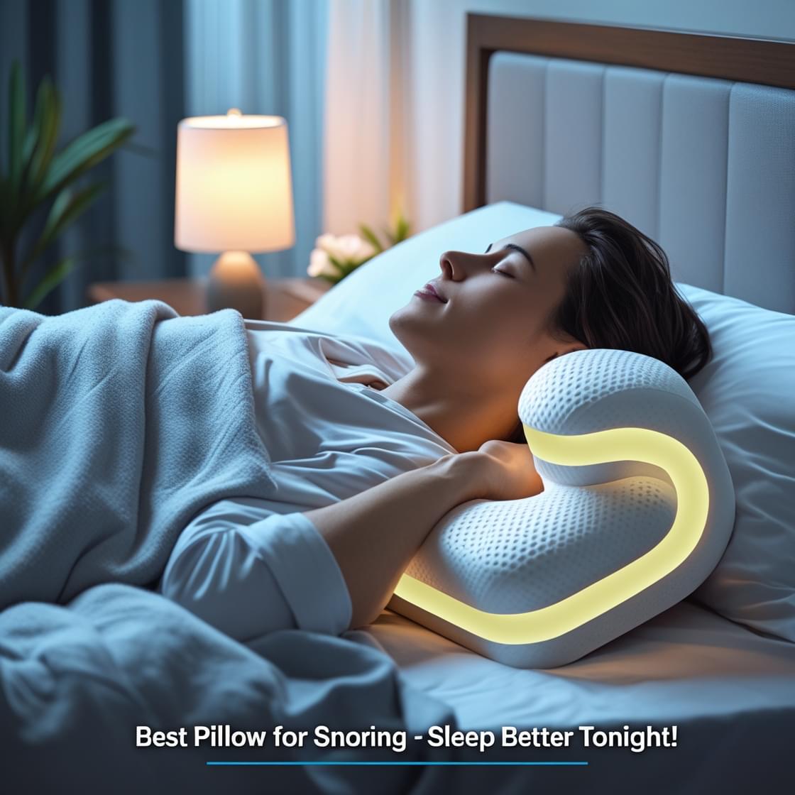 A person sleeping peacefully on a bed with the best pillow for snoring, showcasing a serene and comfortable sleep environment."