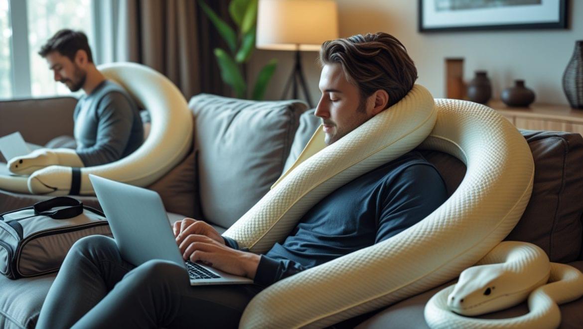 A person comfortably using a long, flexible pillow snake for neck support while reading on a modern couch. Another pillow snake is seen providing lumbar support at a desk, showcasing its versatility for home and travel use.